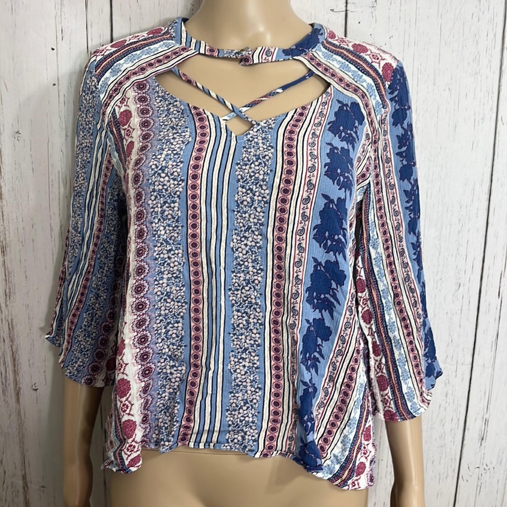 En Crème Size Large Boho 3/4 Bell Sleeves Keyhole Floral Print Rayon Top Sz Lg